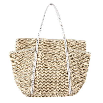 Summer Straw Tote – Women’s Large Shoulder Beach Bag, Patchwork Handwoven Purse