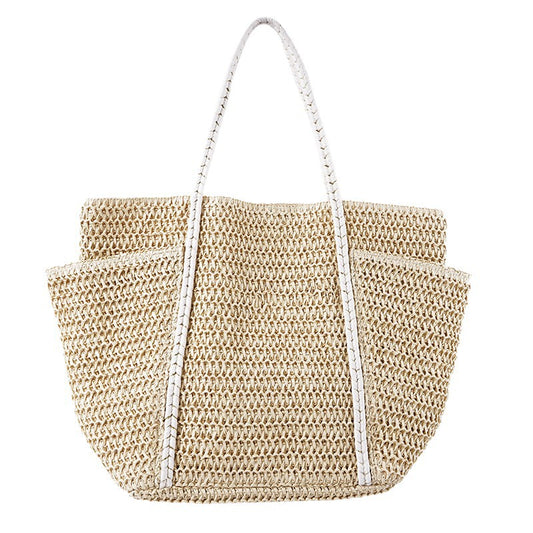 Summer Straw Tote – Women’s Large Shoulder Beach Bag, Patchwork Handwoven Purse