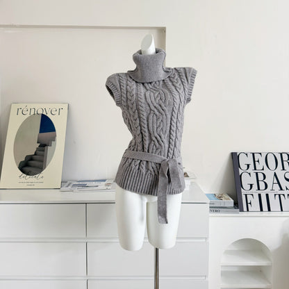Thick needle knitting three-dimensional twist turtleneck small flying sleeve belt twisted sweater vest