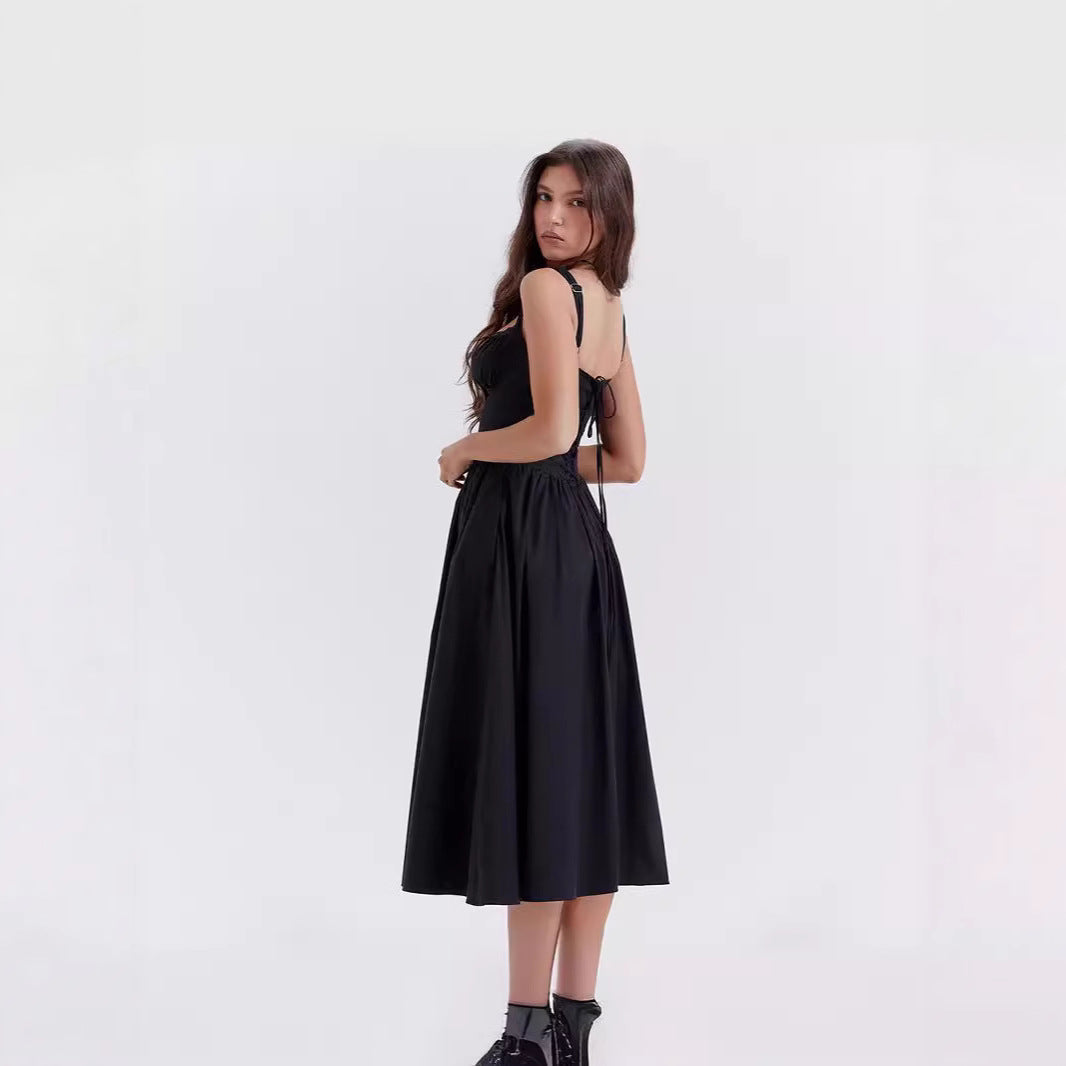 Floral Printed French Lace-Up Halter Dress - Sleeveless Spaghetti Strap Holiday Party Dress with Suspender Detail -dropshippingabc.com