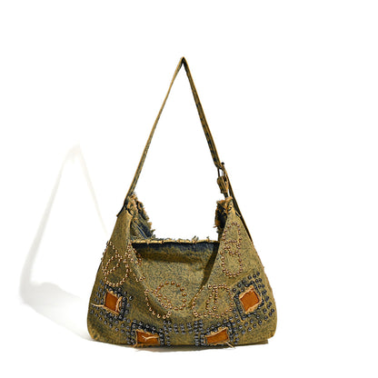 Large capacity hobo shoulder tote bag, retro denim bag, stylish crossbody bag, rivet design shoulder bag