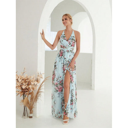 Vestido de gasa con cuello halter y espalda abierta