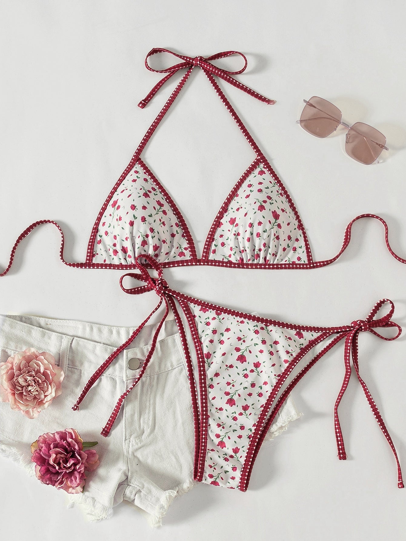 Hemming contrasting print strap sexy bikini split swimsuit Batwing Short Sleeve Shirt W Plants Print