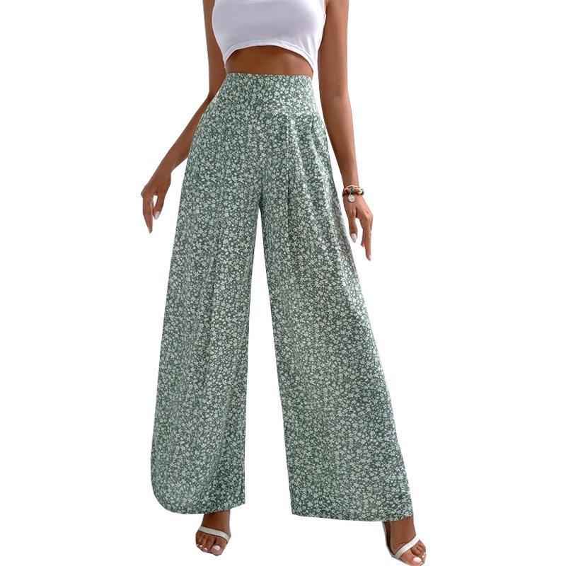Shirred Waist Wide Leg Pants W Floral Pattern