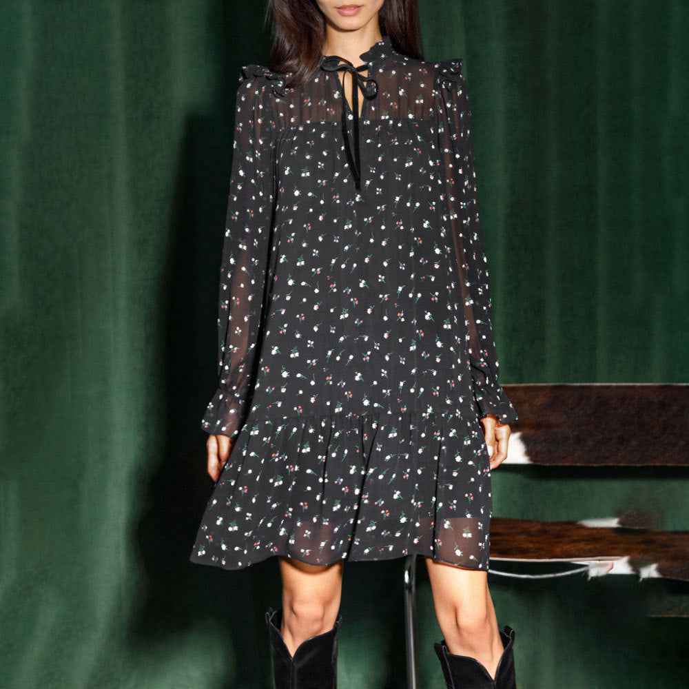 Chiffon floral dress neckline ruffle strap splicing horn skirt Pleated Mini Dress Lace Up Ruffle