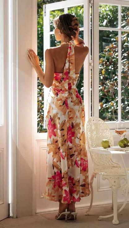 Summer Satin Dress Elegant Sleeveless Mock Neck Cocktail Party Maxi Dresses Sexy Halter Neck Floral Print Slim Casual dress