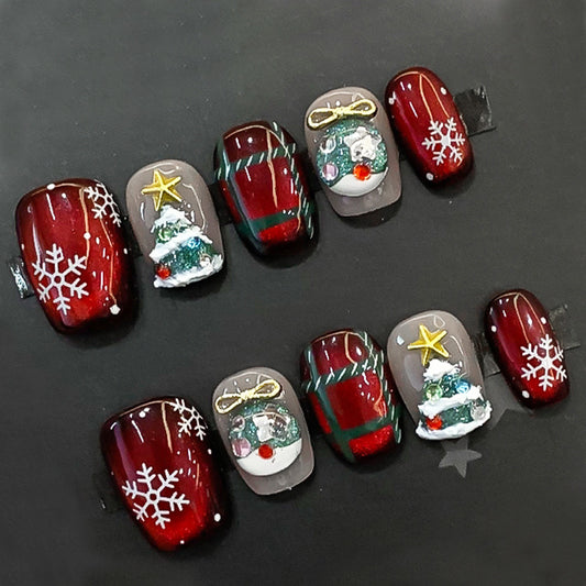 Uñas para usar hechas a mano, lindas y frescas, manicura navideña, uñas cortas de árbol de Navidad, manicura extraíble