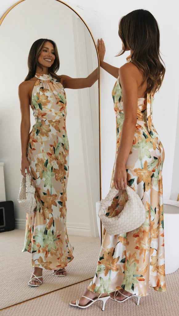Summer Satin Dress Elegant Sleeveless Mock Neck Cocktail Party Maxi Dresses Sexy Halter Neck Floral Print Slim Casual dress