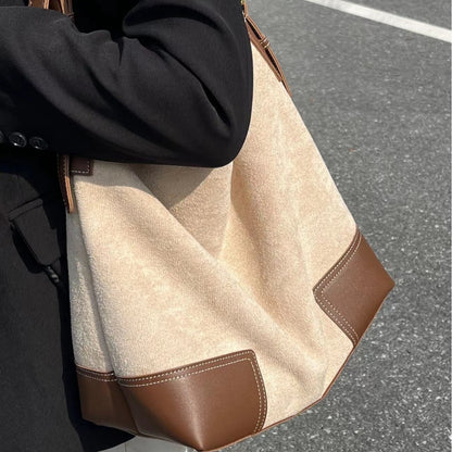 Bolso hobo de ante de gran capacidad, bolso de hombro femenino con contraste, bolso de mano, bolso informal