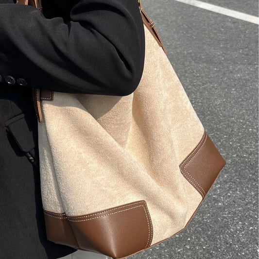 Bolso hobo de ante de gran capacidad, bolso de hombro femenino con contraste, bolso de mano, bolso informal