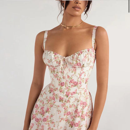 Sleeveless Strapless Bandage Corset Dress - Floral Print Long Midi Dress with Lace Up Back & Thigh Slit