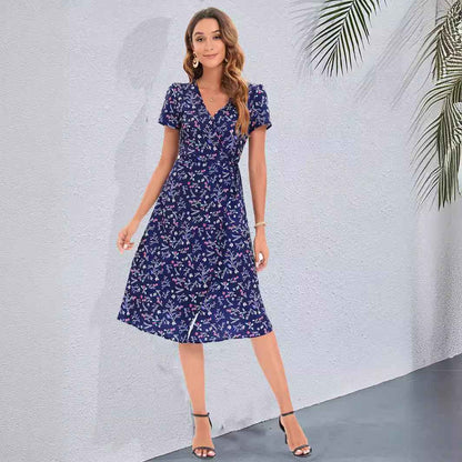 Vacation Wind ins Vintage Long Dress Small Floral Beach Summer Dress Women V Neck
