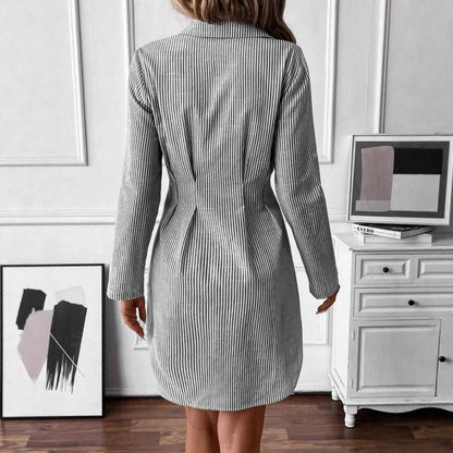 Spring and Autumn Striped Casual Temperament Elegant Lapel Waist Long Sleeve Blouse Skirt