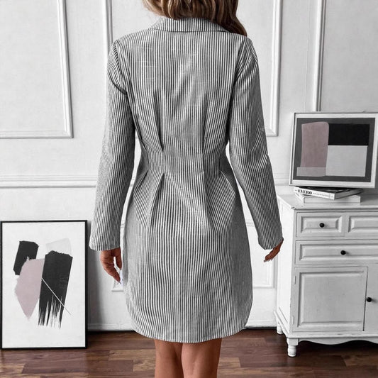 Spring and Autumn Striped Casual Temperament Elegant Lapel Waist Long Sleeve Blouse Skirt