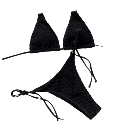 Mesh Fabric Halter Bikini Set - Solid Color Hollow Out Split Swimsuit for Beach & Resort -dropshippingabc.com