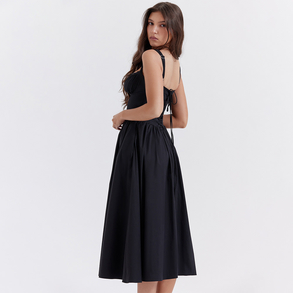 Floral Printed French Lace-Up Halter Dress - Sleeveless Spaghetti Strap Holiday Party Dress with Suspender Detail -dropshippingabc.com