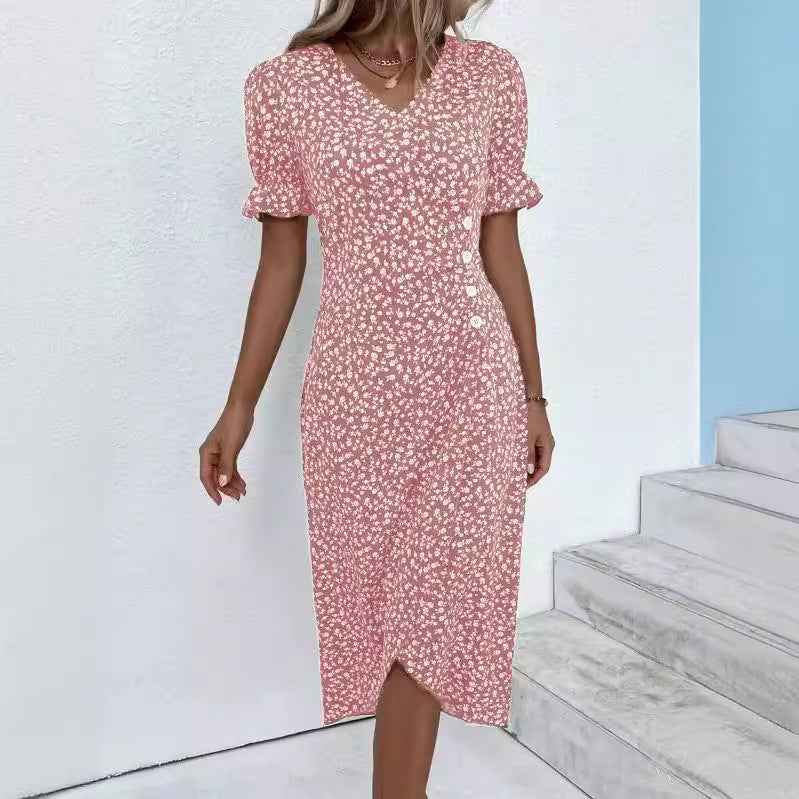 Slim-fit Women's Geometric Collage Bubble Sleeves Irregular hem Dress Sub Female Split Dress Summer Floral dress