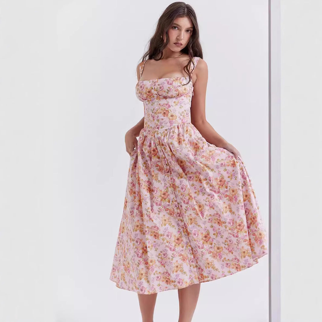 Floral Printed French Lace-Up Halter Dress - Sleeveless Spaghetti Strap Holiday Party Dress with Suspender Detail -dropshippingabc.com