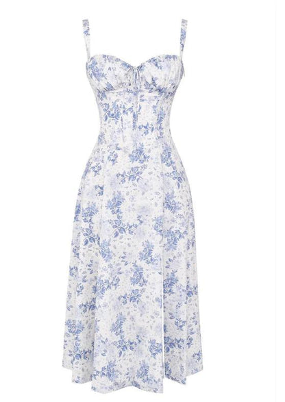 Sleeveless Strapless Bandage Corset Dress - Floral Print Long Midi Dress with Lace Up Back & Thigh Slit -dropshippingabc.com