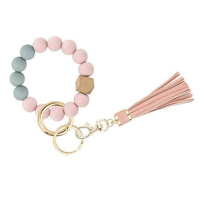 Llavero con borla de PU y cuentas de silicona para bolso, pulsera, llavero de coche, para mujeres y niñas 