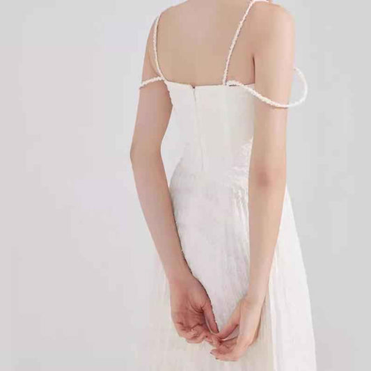 Double Shoulder Strap Simple Versatile Solid Color Dress Elegant Sexy Sleeveless Strap Pleated A Line dress