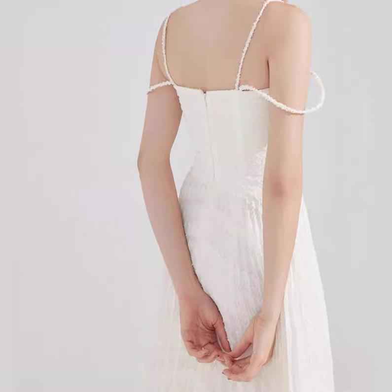 Double Shoulder Strap Simple Versatile Solid Color Dress Elegant Sexy Sleeveless Strap Pleated A Line dress