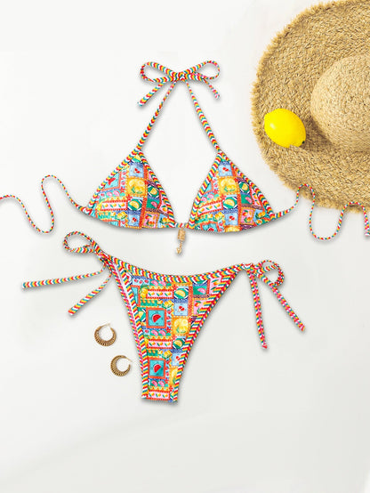 Plants Print Batwing Sleeve Bikini Set - Contrast Strap Sexy Split Swimsuit with Short Sleeve Cover -dropshippingabc.com