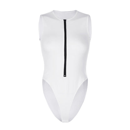 Summer Zipper Crew Neck Sleeveless Fashion Sexy Solid Color Versatile Cool Bodysuit Women's Top