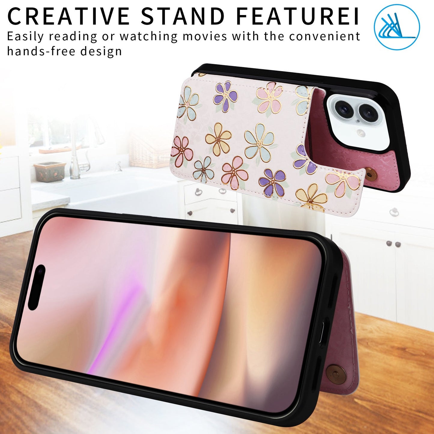 Card Holder Applicable to Apple 16 painted double buckle four-insert card wallet case 16pro max all-inclusive anti-drop case protective cover -dropshippingabc.com