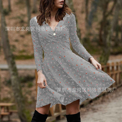 Retro Floral Print V-Neck Long Sleeve Dress