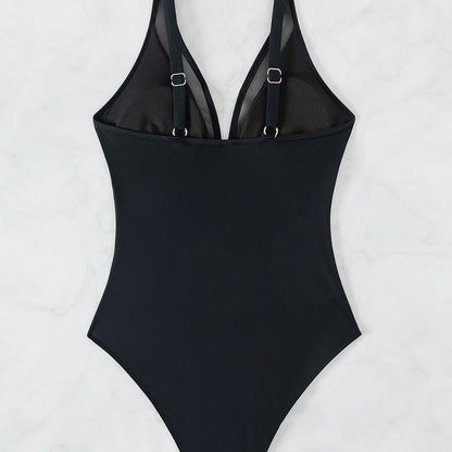 2026 Bikini solid color mesh halter sexy bikini one-piece swimsuit swimsuit