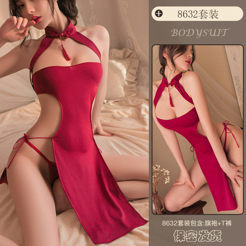 Lingerie Sexy Cheongsam Hollow Out Split Lace Up Uniform Temptation Nightclub Pajamas Set