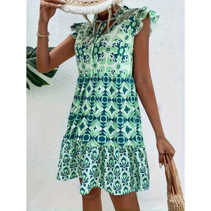 V-Neck Strap Flower Dress Cap Sleeve Printed Vacation Dress