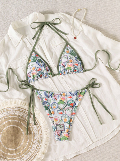 Hemming contrasting print strap sexy bikini split swimsuit Batwing Short Sleeve Shirt W Plants Print