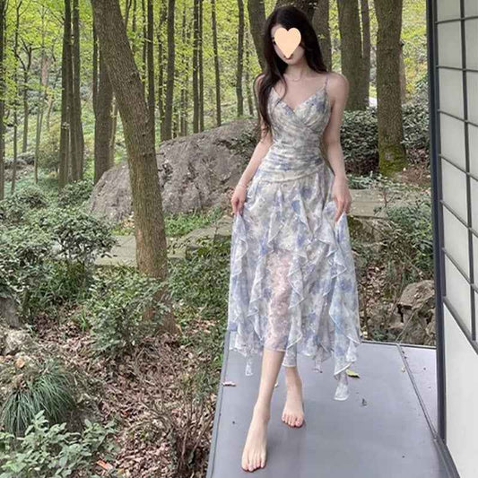 Floral Print High Waist Fairy Dress with Lotus Edge Ruffles