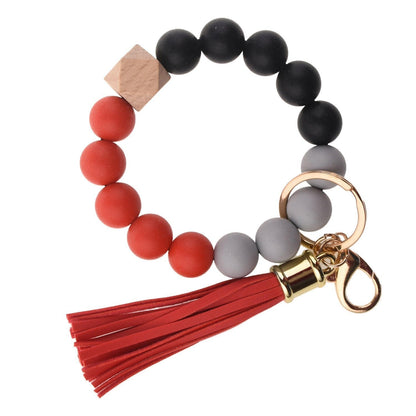 Llavero con borla de PU y cuentas de silicona para bolso, pulsera, llavero de coche, para mujeres y niñas 
