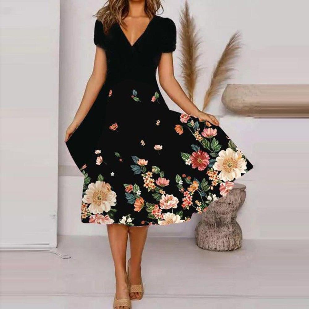 V Neck Bohemian Print Short Sleeve Dress - Flowy Casual Summer Dress with Elastic Waist -dropshippingabc.com