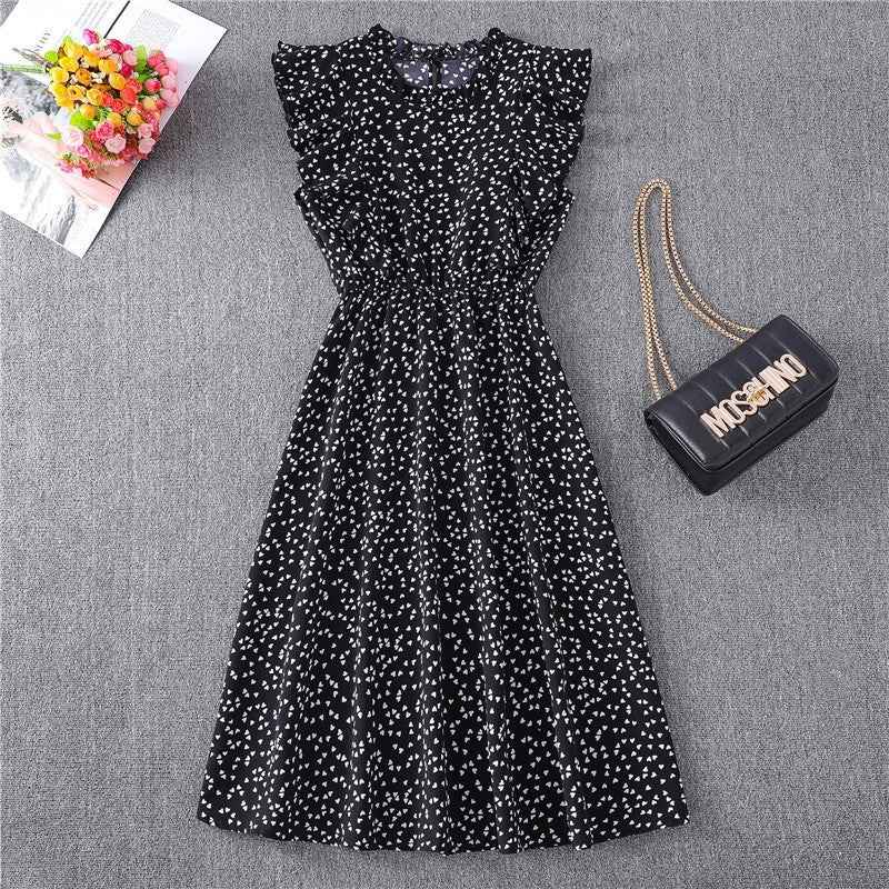 Polka Dot Chiffon Skirt Loose Versatile Temperament Medium Skirt Dot Print Butterfly Sleeve Ruffles dress