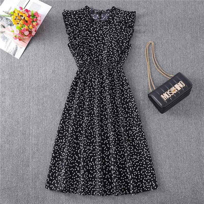 Polka Dot Chiffon Skirt Loose Versatile Temperament Medium Skirt Dot Print Butterfly Sleeve Ruffles dress