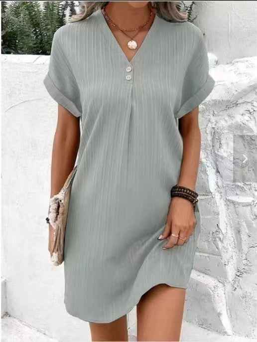 Solid Color Pullover Comfortable Casual Button Dress V-Neck Batwing Sleeve Dress