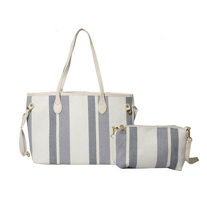 Canvas Striped Letter Print Tote – Large Shoulder & Crossbody Bag, Trendy Versatile Shopper