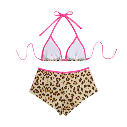 Women's Contrast Color Sling Leopard Print Bikini High Waist Shorts Swimsuit Set for Beachwear