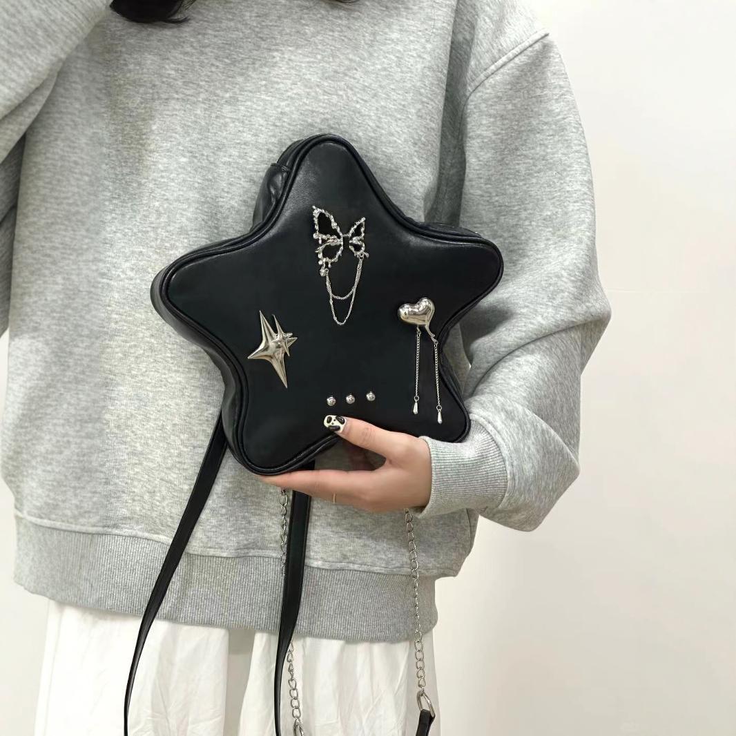 Mini bolso de hombro negro con forma de pentagrama, mochila bandolera con colgante, mochila de cadena versátil y moderna para mujer 