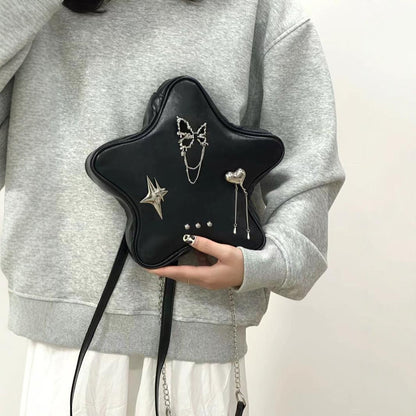 Mini bolso de hombro negro con forma de pentagrama, mochila bandolera con colgante, mochila de cadena versátil y moderna para mujer 