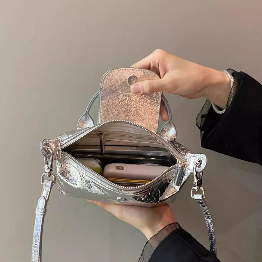 Spring and summer burst metallic mini tote bag, mini shoulder bag with crossbody strap, silver mini tote bag versatile women's bag