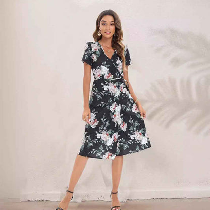 Vacation Wind ins Vintage Long Dress Small Floral Beach Summer Dress Women V Neck