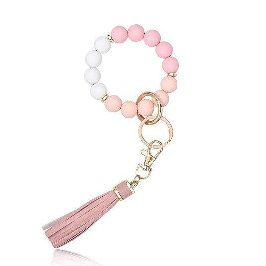 Llavero con borla de PU para bolso de mujer, llavero de silicona con cuentas, pulsera, llavero de coche, bonito soporte para mujeres y niñas. 