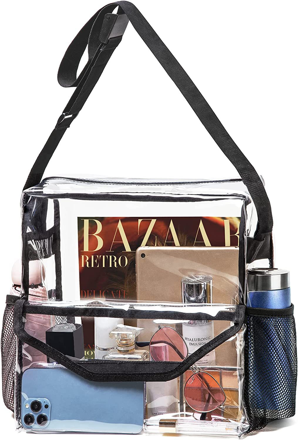 Bolso bandolera transparente de PVC, ajustable para viajes, eventos deportivos y conciertos; bolso de hombro grande transparente con compartimentos tipo hobo. 