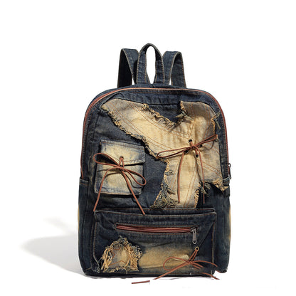 Mochila retro de mezclilla lavada, mochila con lazo de diseño, mochila tipo bolso de gran capacidad estilo Spice Girl 