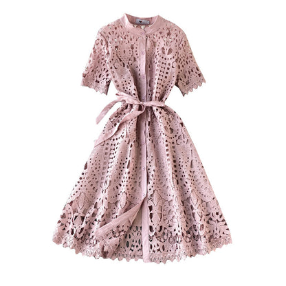 Hollow-Out Elegant Mandarin Collar Dress – Long Sleeve Lace Midi, Short Sleeve Button-Front Tie-Waist Gown